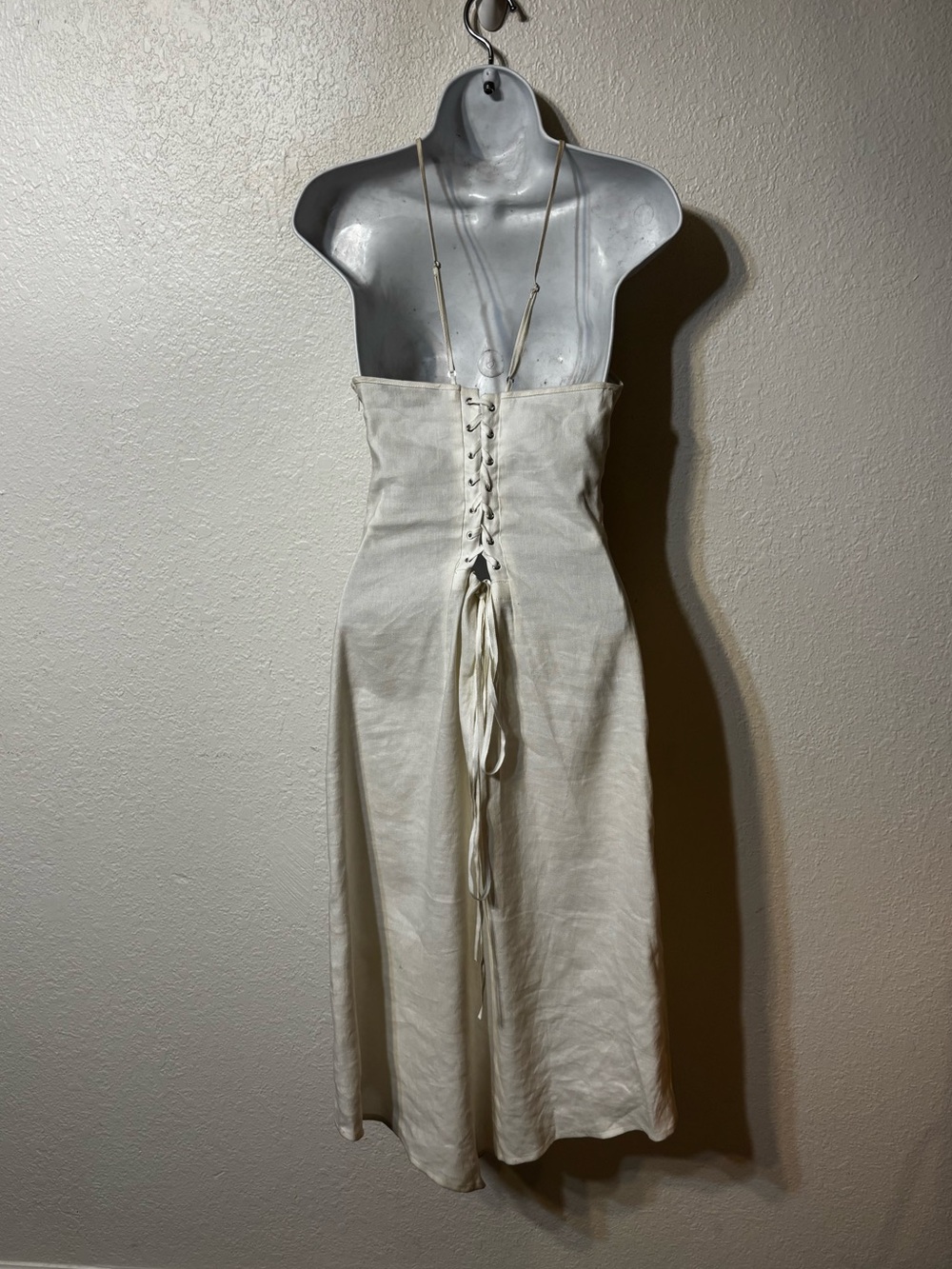 BCBGMAXAZRIA Linen Blend Halter Lace Up Midi Dress Ivory Cream Size 8 - Picture 7 of 7